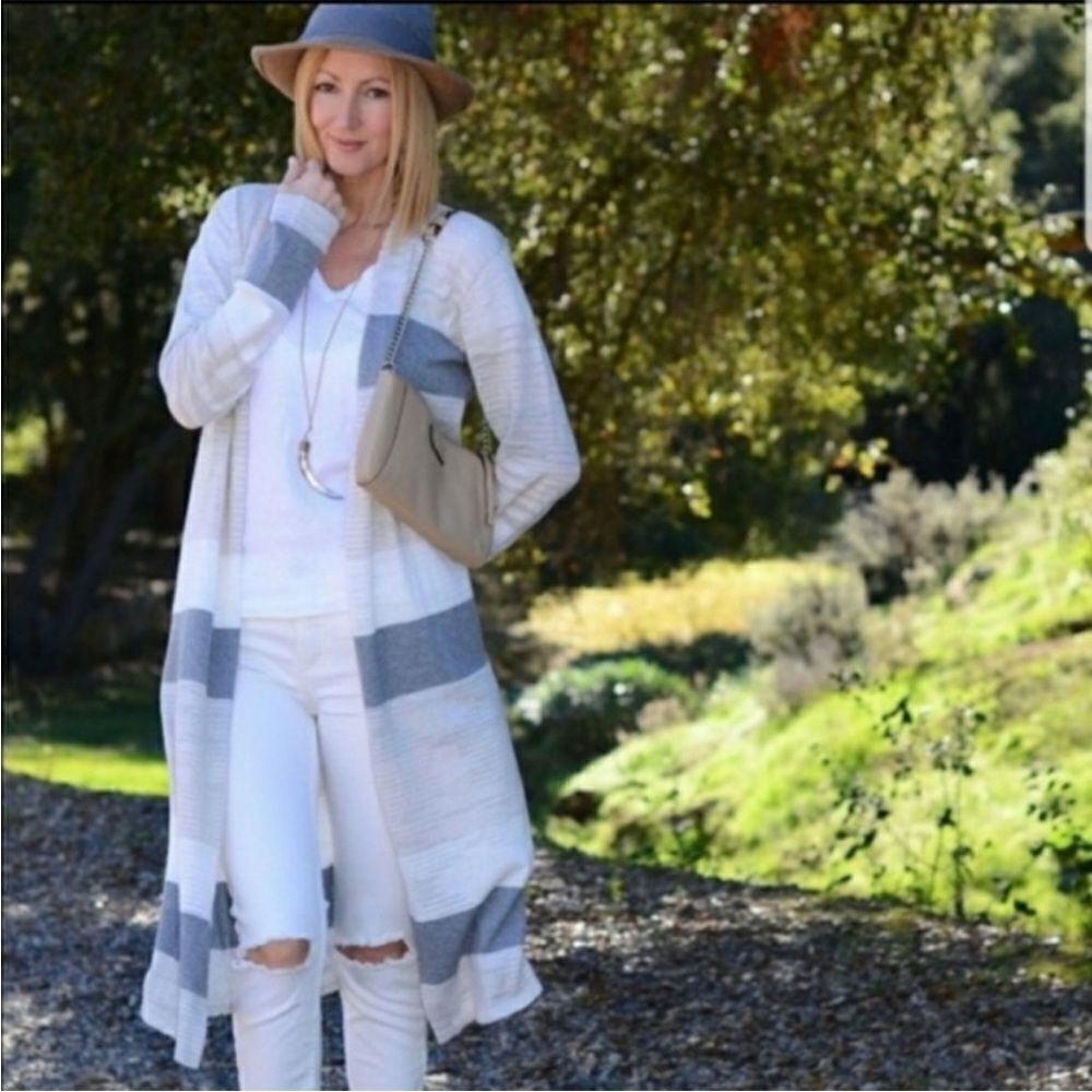 Cabi Vineyard Multi Color Stripe Open Cardigan Lightweight Sweater Duster Casual